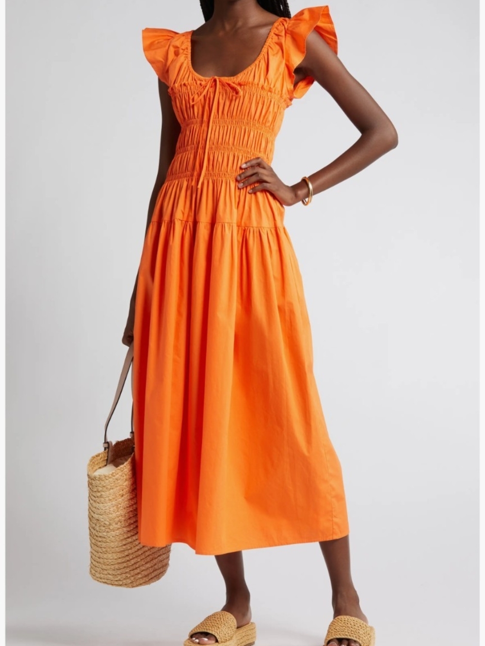Moon River Orange Smocked Midi Dress with Ruffle Sleeves